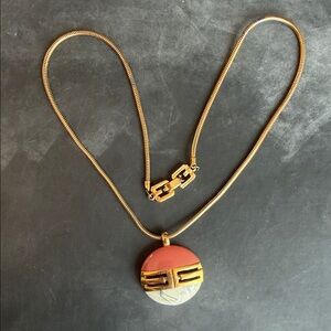 GIVENCHY Gold-Tone Large Pendant Necklace Coral & Cream Disk Vintage Logo 1978